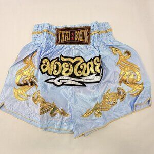 Muay Thai Boxing Shorts Mma Men Women Size L Blue Pastel Gold Font Patched Satin
